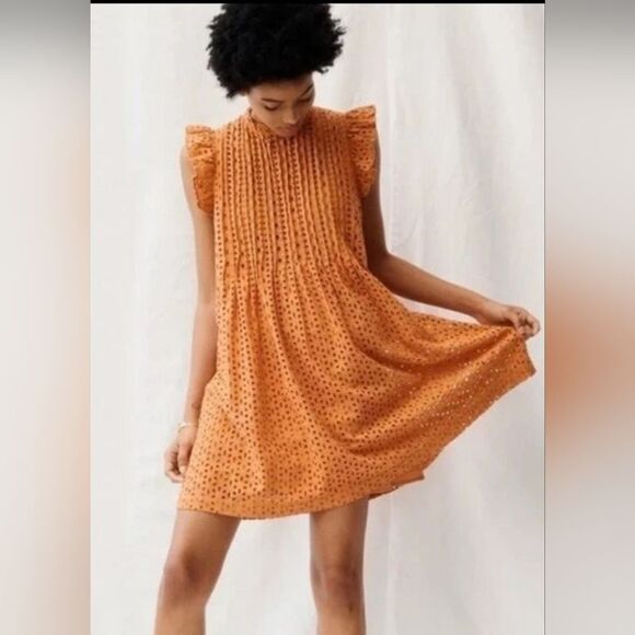 MADEWELL Eyelet Ruffle-Sleeve Pintuck Mini Dress Size M - Picture 3 of 8